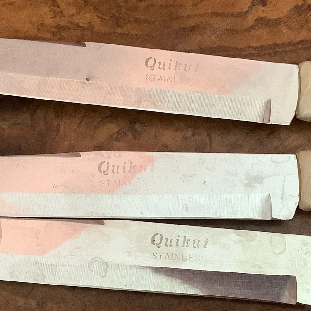 Vintage QUIKUT Stainless Steele 8.75” Steak Knives Ivory Plastic Handle Lot of 3